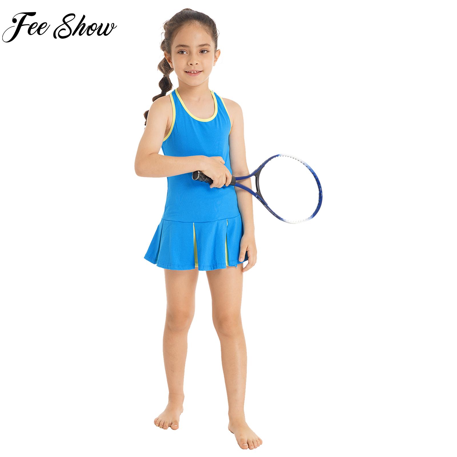 Badminton Court - 子供用ノースリーブオープンアッパーバックスポーツセット、テニスとバドミントンスポーツウェア、ジムエクササイズ用ショートドレス、女の子用ランニングドレス、2個